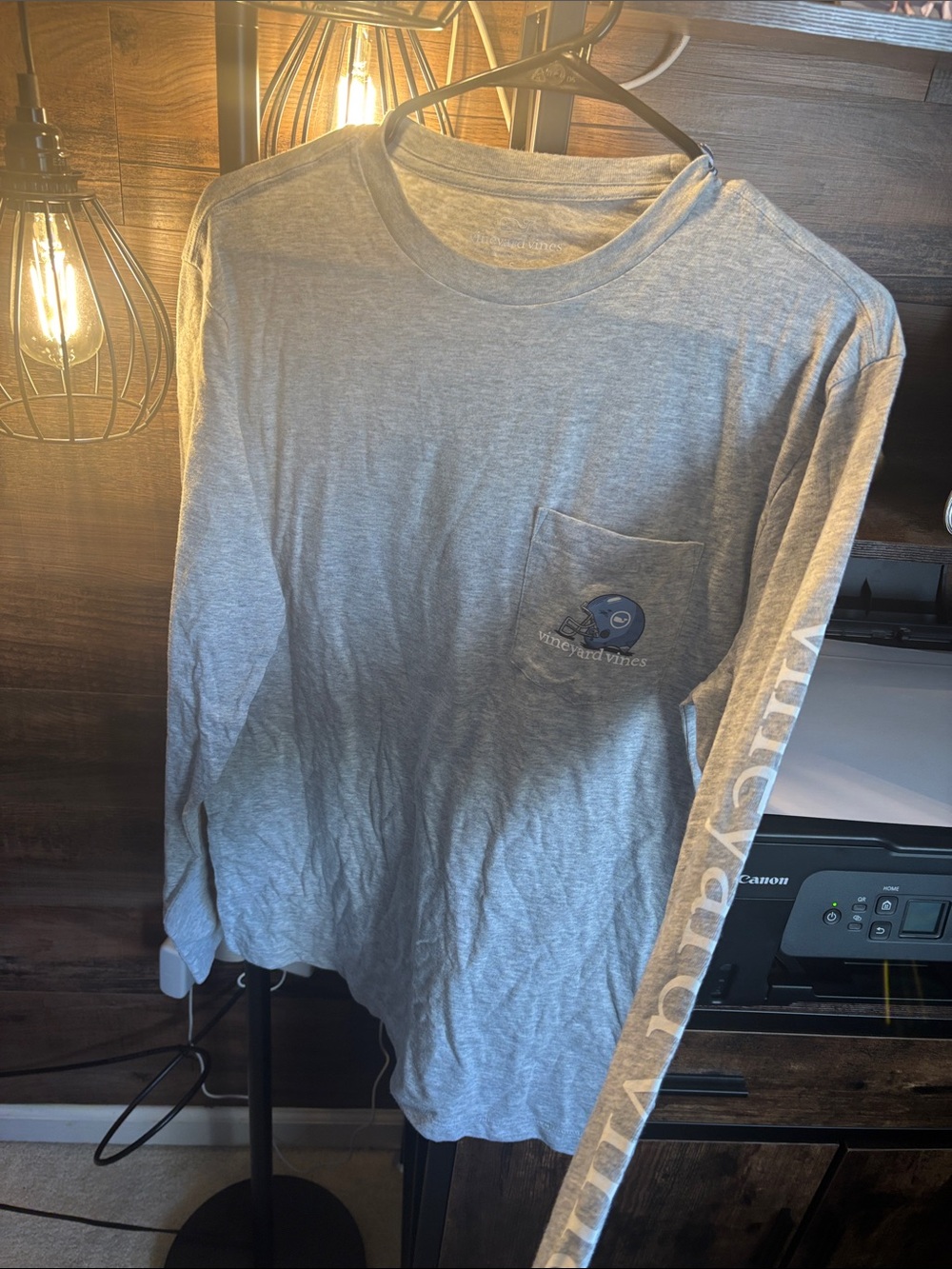 Vineyard Vines Light Gray Long-Sleeve Pocket Tee with Logo Sleeve
